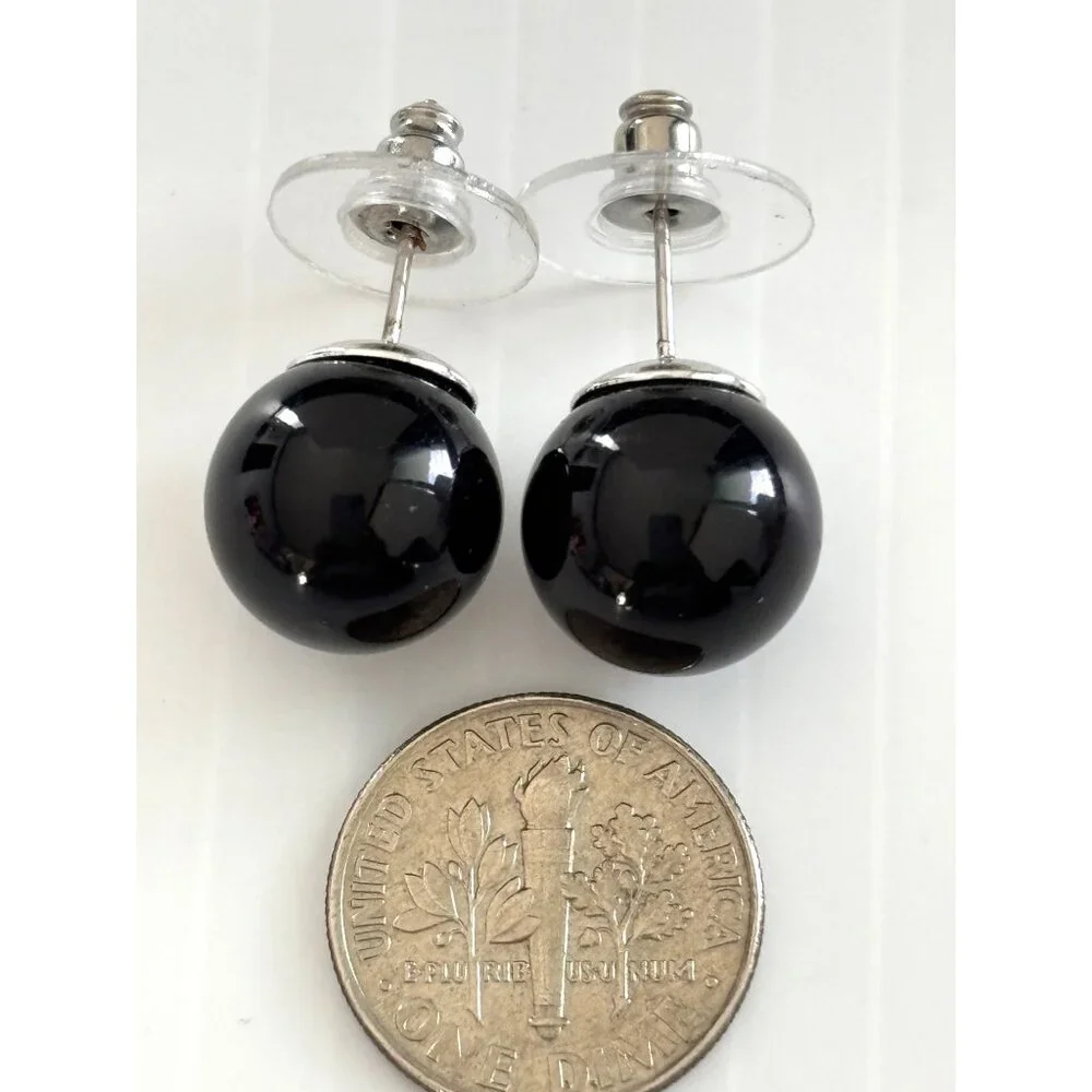 Black Round Ball Stud Earrings With Silver Accents - Picture 3 of 4